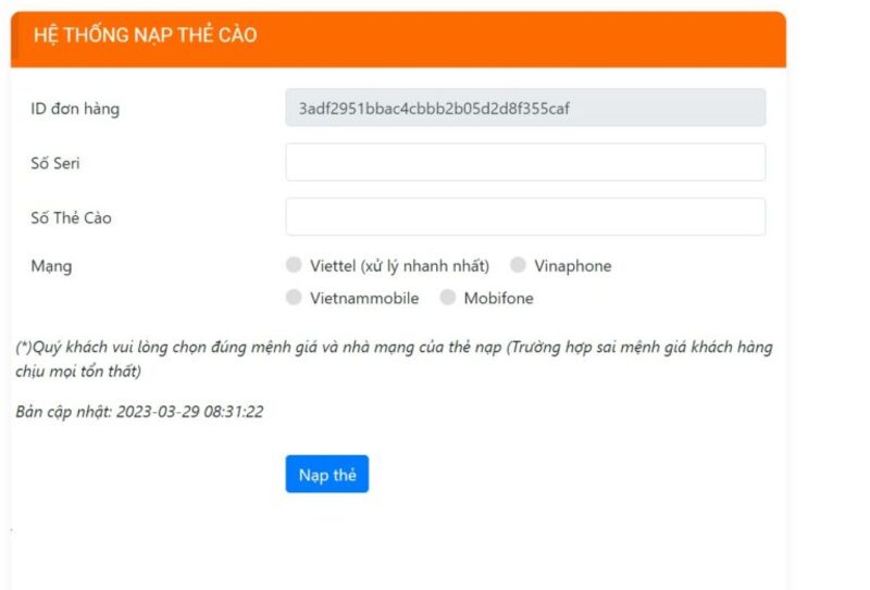 Phương thức nạp tiền tiện lợi thông qua thẻ cào