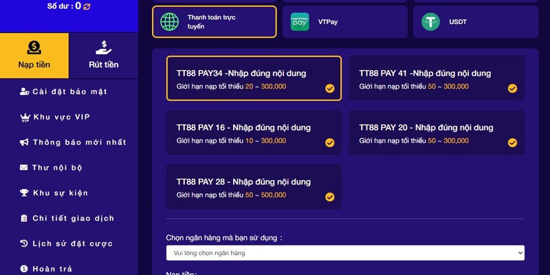 Nạp tiền Banca30 qua chuyển khoản ngân hàng trực tuyến